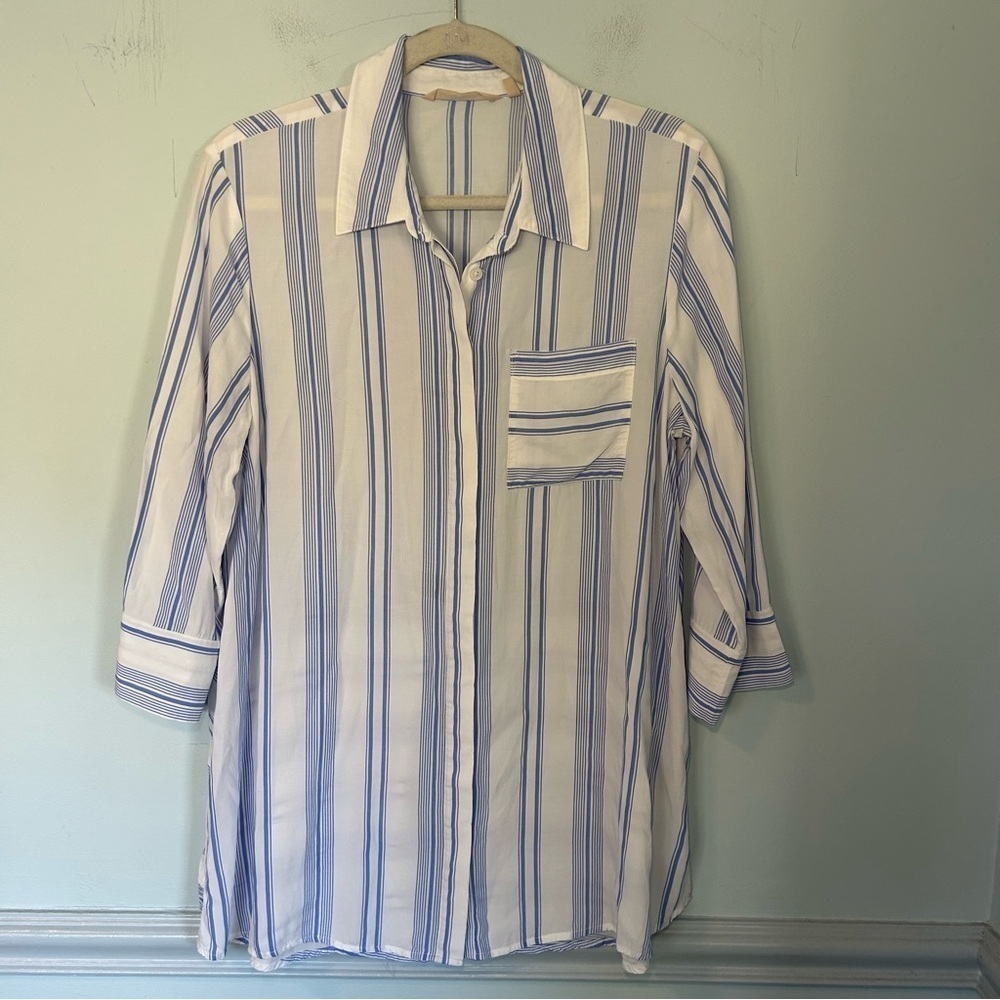Soft Surroundings Tunic Popover Blue & White Striped Button Up Top Size Medium